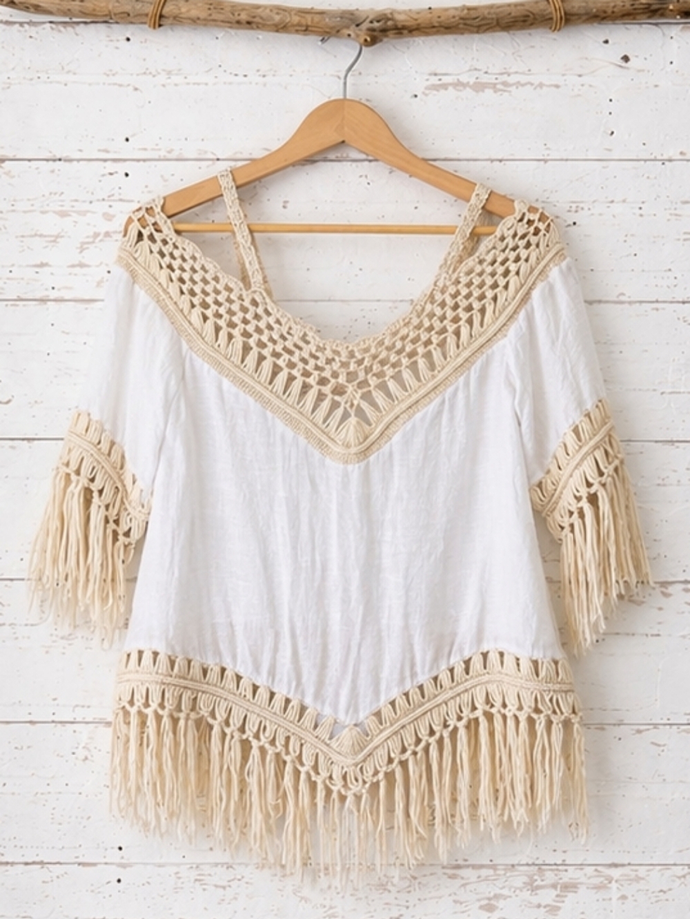 Dreamers Fringe Crochet Cold-Shoulder Boho Top in White & Cream Size S
